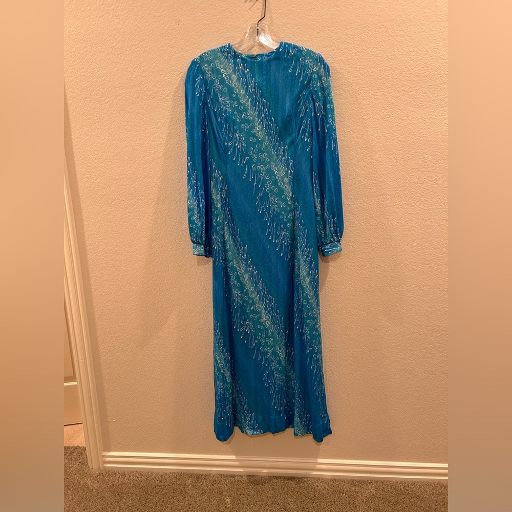 Vintage Maxi Dress Long Sleeves Fully Lined Teal Ocean Bubbles A-Line